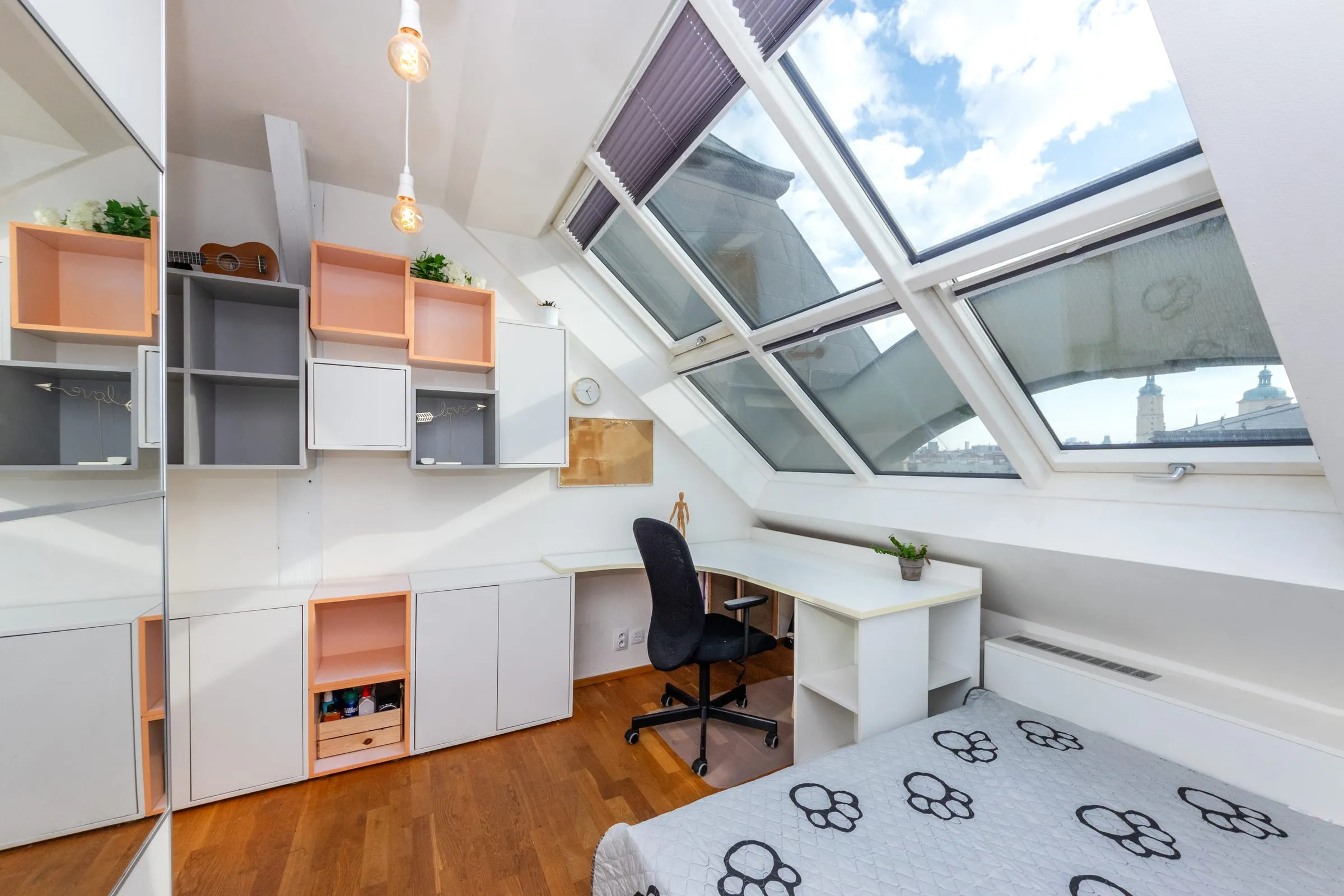 Room with a desk, shelves and a studio window