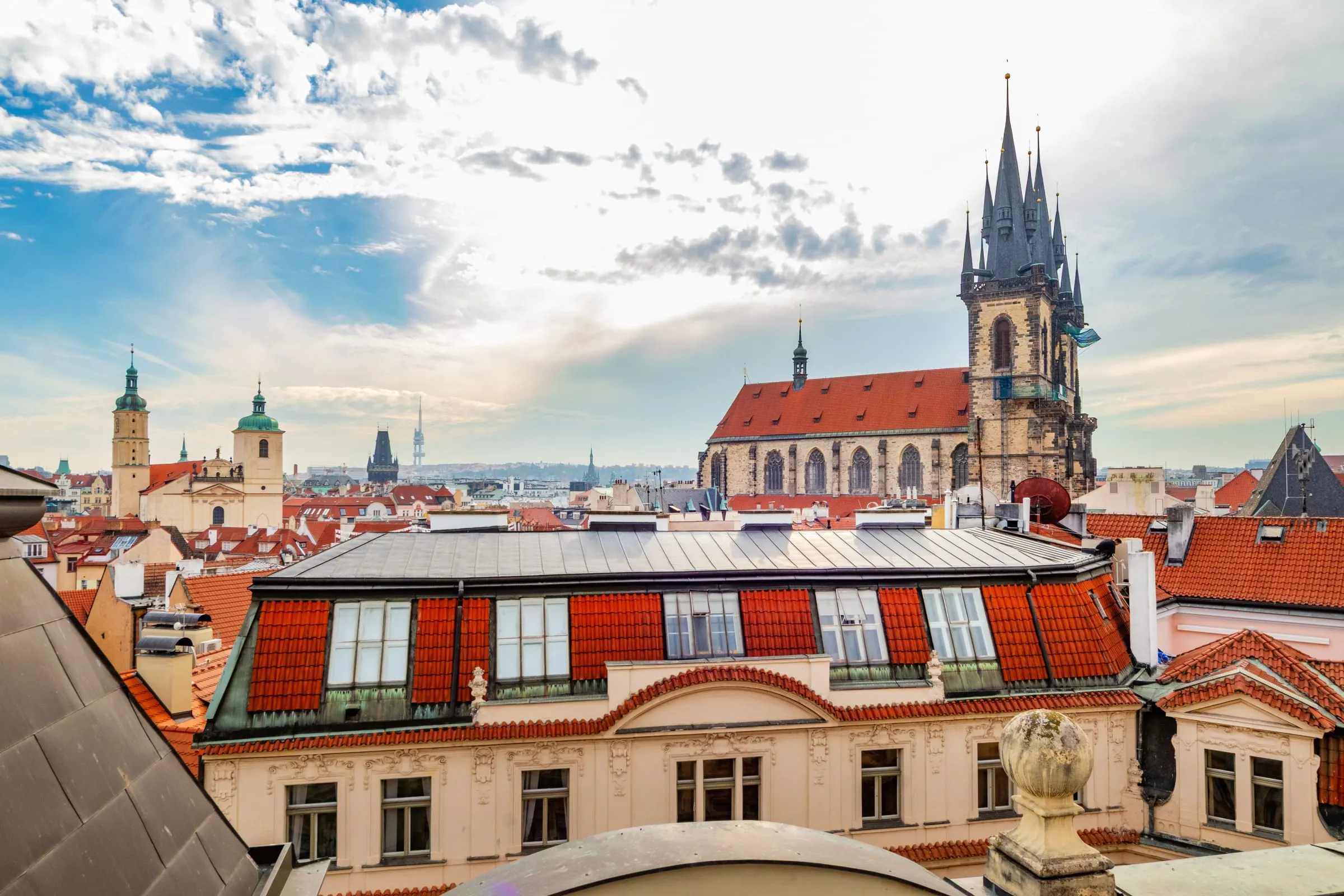 View from the study room over the Old Town rooftops to the Týn Church