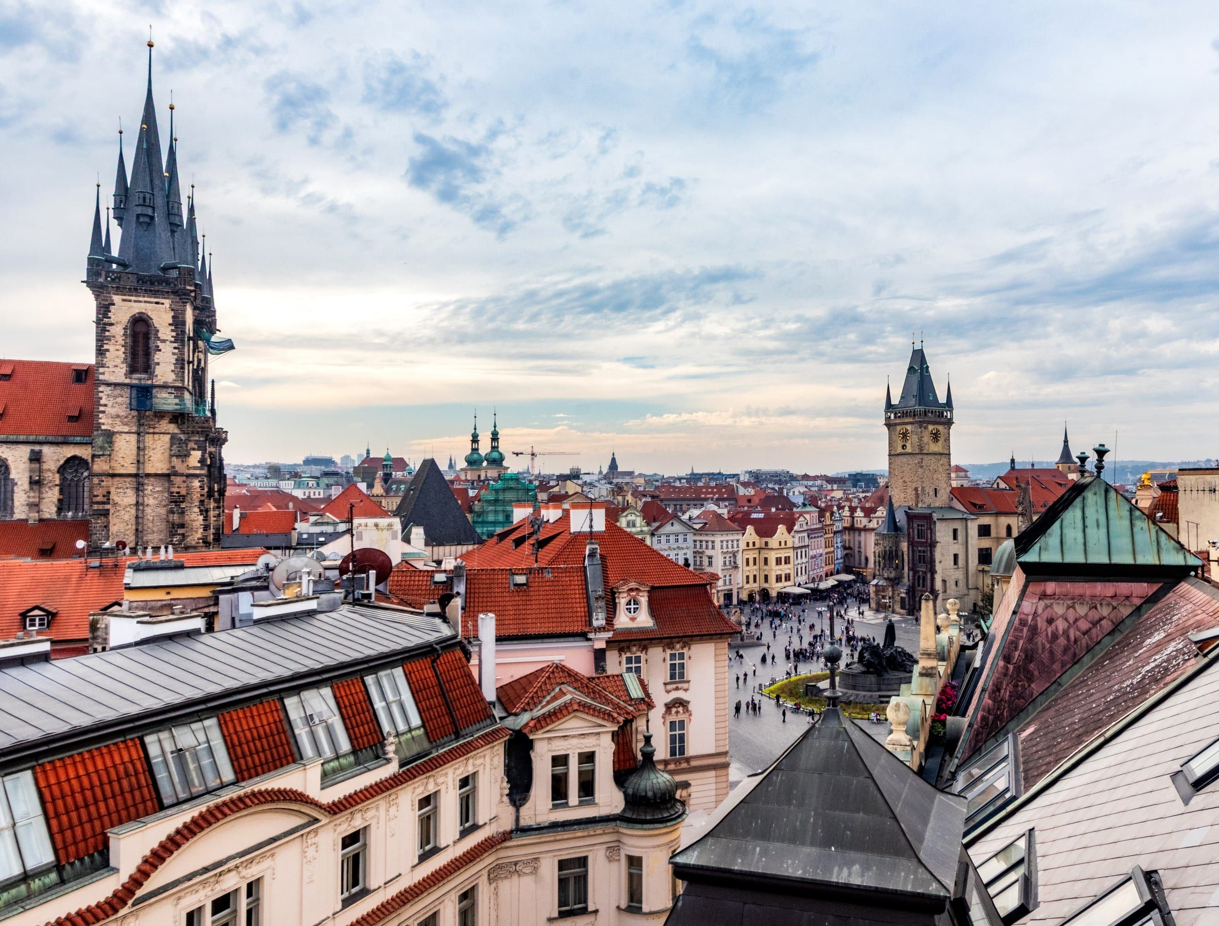Týn Church towers and Old Town Square from above
